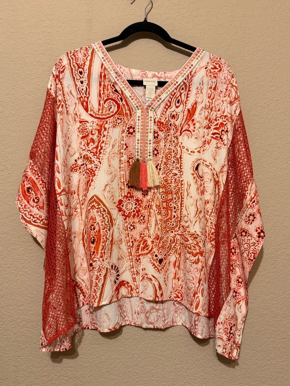 Chico's Poncho Coral Paisley Tassel V-Neck Tunic swim cover top mesh Boho L/XL